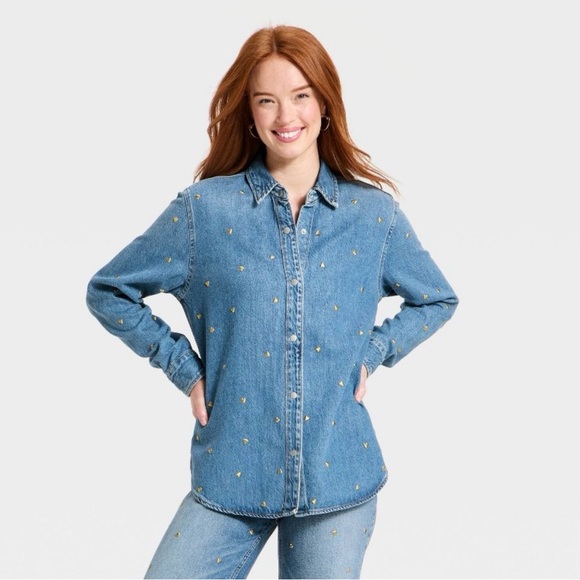 Universal Thread Tops - Women's Valentine's Day Relaxed Embellished Denim Shirt - Universal Thread NWT